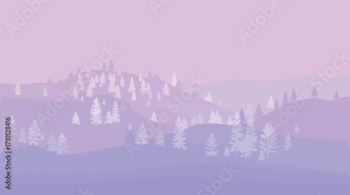 Misty Mountain Landscape with Stylized Pine Trees in Pastel Hues mountains hills.