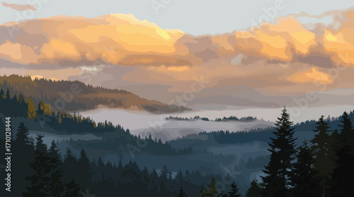 Misty Mountain Valley at Sunrise with Golden Clouds and Evergreen Forest mountains.