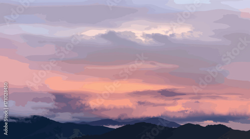 Pastel sunset sky over dark mountain silhouettes clouds.