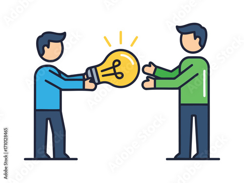 Two people exchanging a lightbulb, symbolizing the sharing of ideas and collaboration.