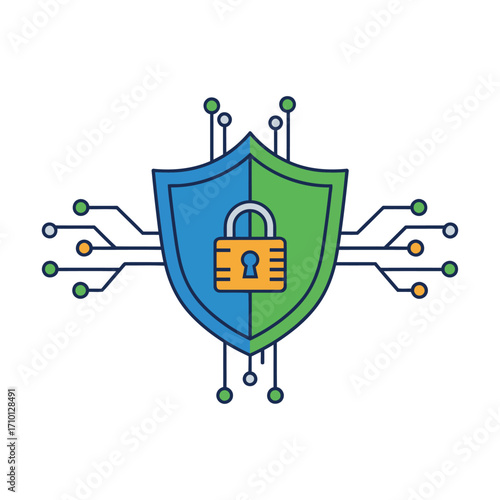 Abstract digital security shield with lock.