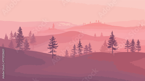 Silhouette of Pine Trees on Rolling Hills at Sunset in Pink and Purple mountains landscape.