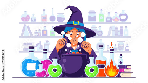 Brewing Magic: A whimsical witch, immersed in the enchanting art of potion-making, conjures ethereal orbs of light above a simmering cauldron, surrounded by a whimsical array of potion bottles.