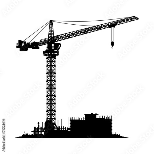 Black silhouette of a tower crane on a construction site without background.