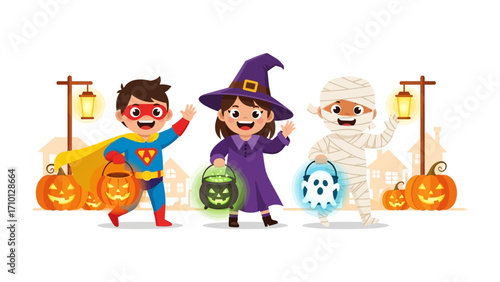 Enchanting Halloween Trio: A vibrant illustration of three costumed children exuding excitement. Dressed as a superhero, witch, and mummy, each child clutches a glowing trick-or-treat basket.
