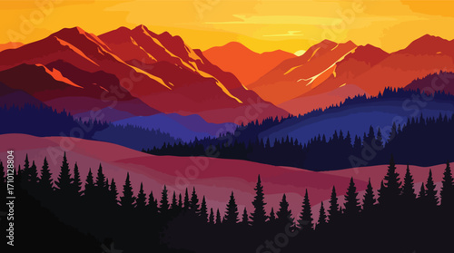 Vibrant Sunset Over Jagged Mountain Peaks and Dark Pine Forest Landscape sunrise orange.