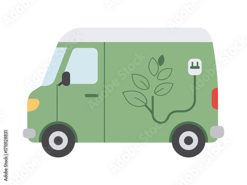 Green electric delivery van with a leaf and charging plug graphic, symbolizing eco-friendly transport and sustainability.