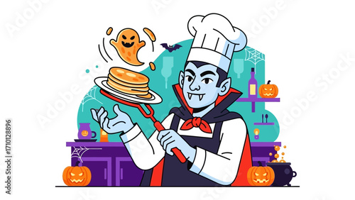 Haunted Cooking with Dracula: A playfully animated vampire chef, stands in a Halloween kitchen, crafting pancakes and creating a whimsical, culinary scene, as a spooky ghost hovers.