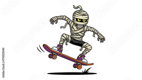 Mummy Skateboarding: A cartoon mummy performs a skateboarding trick with a fun and quirky style, showcasing the spooky side of skateboarding and a sense of joy.