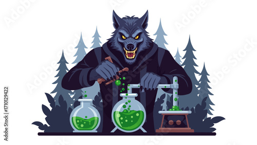 Werewolf Alchemist: A formidable werewolf, with piercing yellow eyes, diligently concocts a bubbling potion in a mystical forest setting.