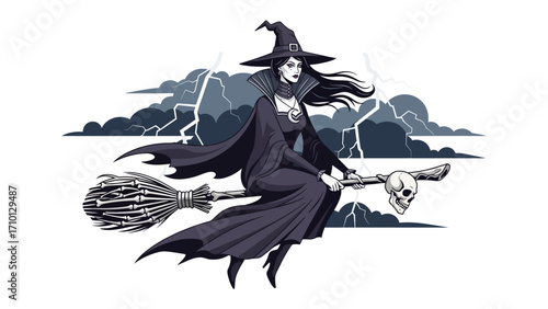 Witch in the Storm: A captivating witch in a striking black dress soars through a dramatic storm, riding a broomstick, embodying mystique, magic, and the thrill of Halloween. 