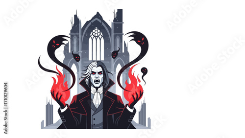 Dark Arts: A sinister figure, enshrouded in the mystique of darkness, conjures fiery energy amidst a gothic backdrop, evoking the essence of the shadows.