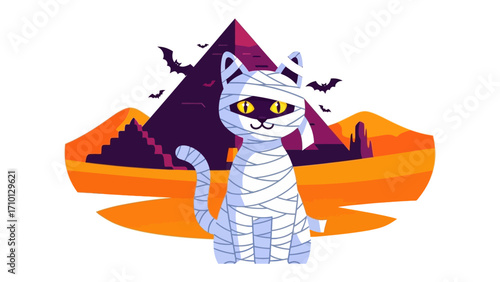 Mummy Cat in Halloween Scene: A playful mummy cat, swathed in bandages, stands before the iconic pyramids, a whimsical symbol of spooky festivities and feline charm.