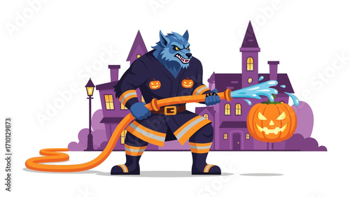 Halloween Wolf Firefighter: A unique Halloween illustration features a wolf dressed as a firefighter. The wolf holds a hose and sprays water, with a carved pumpkin in the scene.