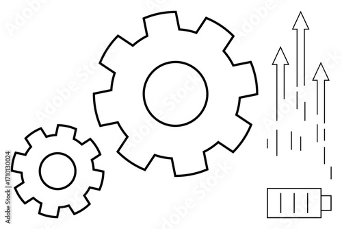 Two interlocking gears symbolize process and collaboration, accompanied by a charging battery and upward arrows conveying progress, energy, and growth. Ideal for innovation, productivity, team