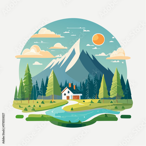 Mountain Cabin Landscape Illustration