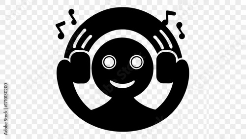 Illustration of a person with headphones on, smiling, and music notes around their head in black and white silhouette