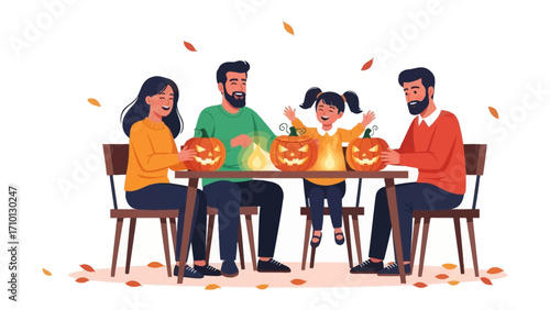 Family Carving Pumpkins: A heartwarming scene of a family gathered around a table, carving pumpkins, capturing the essence of autumn's delightful tradition, filled with joy and creativity.
