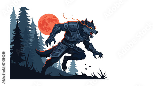 Fierce Beast under the Crimson Sky: a muscular wolf-like figure, eyes ablaze, prowls under a crimson full moon, showcasing an intense moment from a fantasy tale.