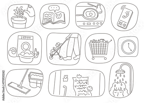 everyday motherhood routine clouds in doodle style. Illustration for banner postcard design print sticker poster background