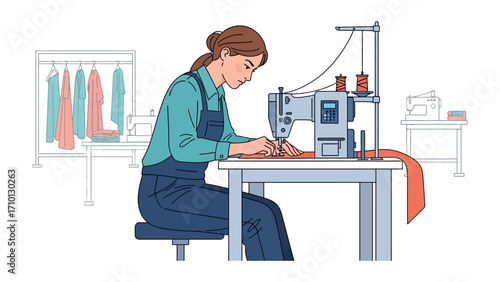 Artisan at Work: A skilled artisan focused on a sewing machine, the illustration shows dedication and craftsmanship, immersed in creating garments.
