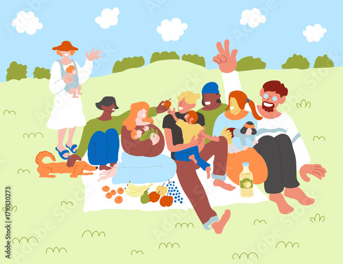 young mothers and fathers with babies on picnic in doodle style. illustration for banner postcard design print sticker poster background