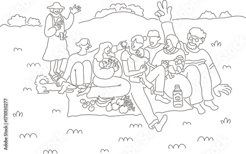 young mothers and fathers with babies on picnic in doodle style. illustration for banner postcard design print sticker poster background