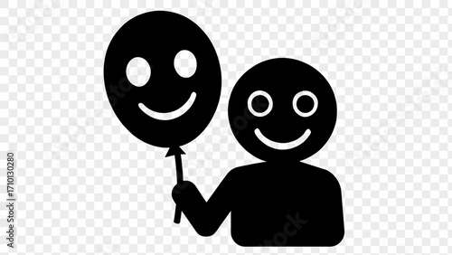 Illustration of a person holding a smiley face balloon with a matching smiley face on their own head silhouette