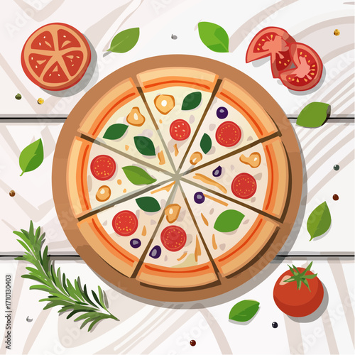 Overhead View of Delicious Pizza with Fresh Ingredients