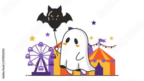 Spooky Carnival Dreams: An adorable, smiling ghost floats through a fantastical carnival scene, clutching a bat-shaped balloon. Vibrant colors, cheerful design elements.