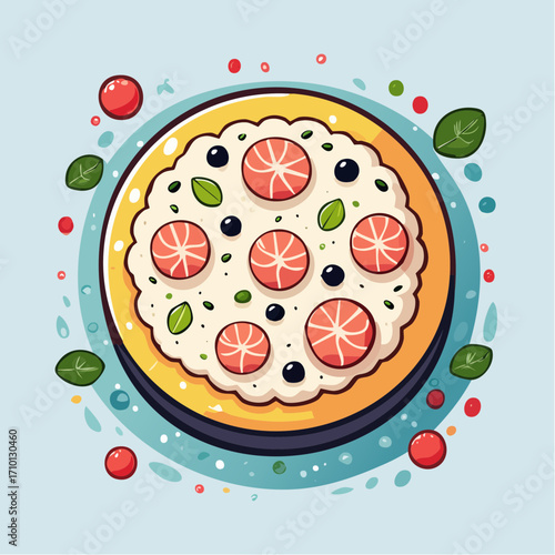 Delicious Pizza with Grapefruit and Olives: A Flatlay Illustration
