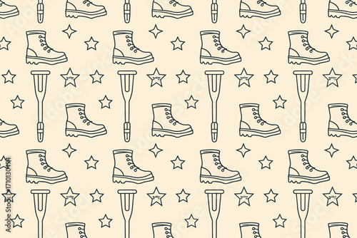 Seamless pattern featuring outlined boots crutches and stars on a light beige background design element
