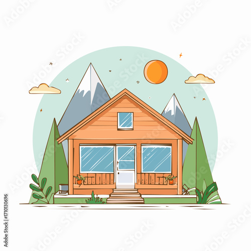 Mountain Cabin Illustration Sunny Day Landscape