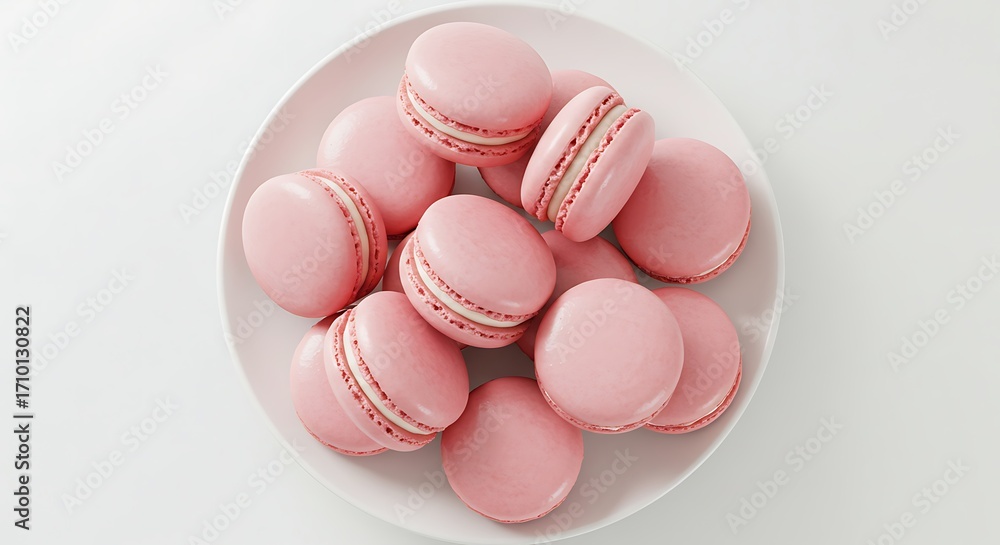 Obraz premium Pale Pink Macarons on White Plate Overhead Sweet Treats