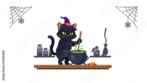 Whimsical Halloween Brew: A spellbinding illustration features a black cat, donned in a witch hat, stirring a bubbling potion in a cauldron, setting a festive Halloween mood.