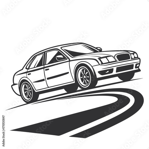 Black and White Illustration of a Sports Sedan on a Winding Road