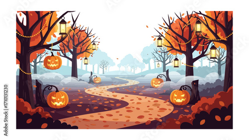 Halloween Pumpkin Path: The whimsical Halloween path. Lined with grinning jack-o'-lanterns, leads the viewer through a spooky forest, illuminated by the warm glow of lanterns.