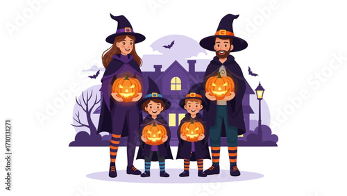 Happy Halloween: A family is dressed up in halloween costumes holding pumpkin lanterns. The perfect family image for the fall holiday.
