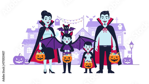 A Spooktacular Halloween Night: A family stands in front of their house. the street are decorated and everyone are wear spooky costume. The kids have their treat bags ready.