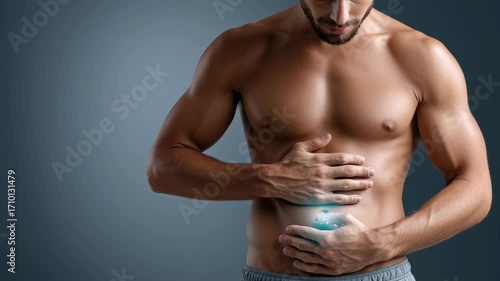 Gut Healthy concept ,healthy man touching stomach with glowing pain point and athletic male torso holding belly with light glow