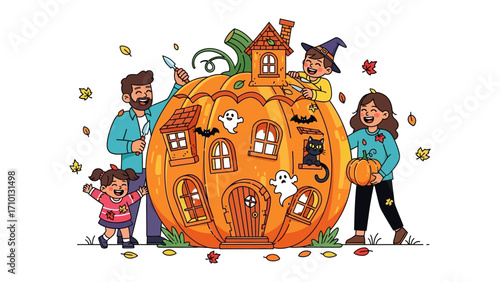 Happy Family in Pumpkin House: A heartwarming illustration capturing a family of four, along with playful ghosts and bats, happily interacting with a whimsical pumpkin house.