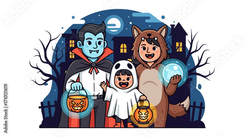 Family Halloween Delight: A lively illustration captures the essence of Halloween, depicting a family dressed in costumes, illuminated by glowing lanterns, under a starry night sky. 