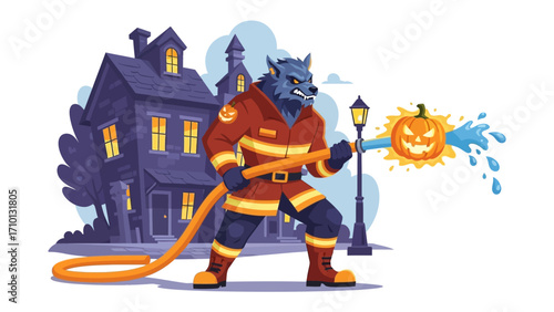 Halloween Fireman's Pump: A werewolf dressed as a fireman, stands ready in front of a spooky house holding a hose with a pumpkin head.