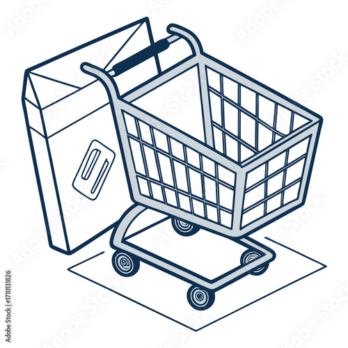 Vector Illustration of a Shopping Cart Next to a Package Representing Retail and Online Commerce