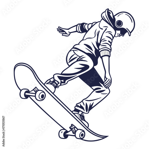 Vintage style drawing of a young skater performing a trick on a skateboard