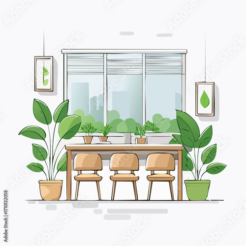 Modern Dining Room with Greenery and City View