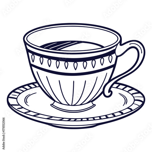 Hand-drawn illustration of a vintage teacup and saucer with decorative patterns