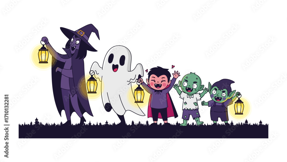 Naklejka premium Halloween Costume Parade: A whimsical illustration of a witch, a ghost, a vampire, and two zombies, each carrying a lantern, walking in a row on a grass, celebrating a spooky holiday.
