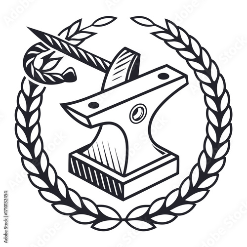 Anvil Emblem with Wreath and Rope - Black and White Illustration