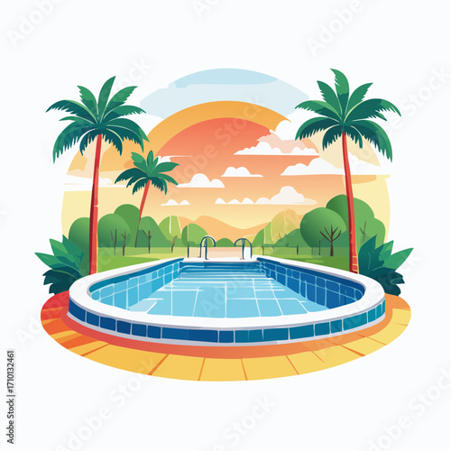 Sunset Poolside Paradise: Oval Pool Landscape